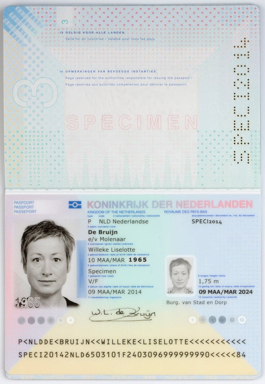 Dutch passport specimen before redaction
