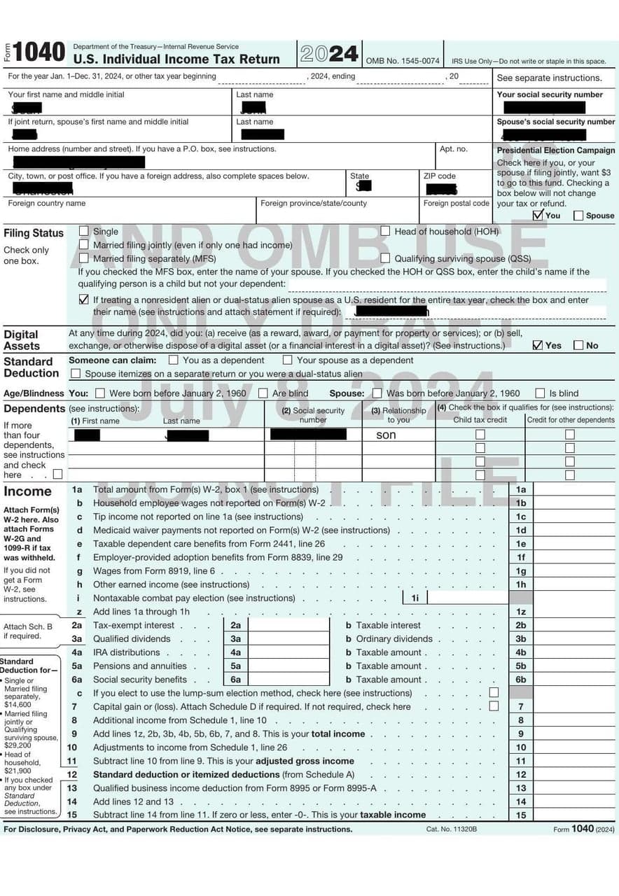 IRS Form 1040 after names, SSNs, and the address are blacked out