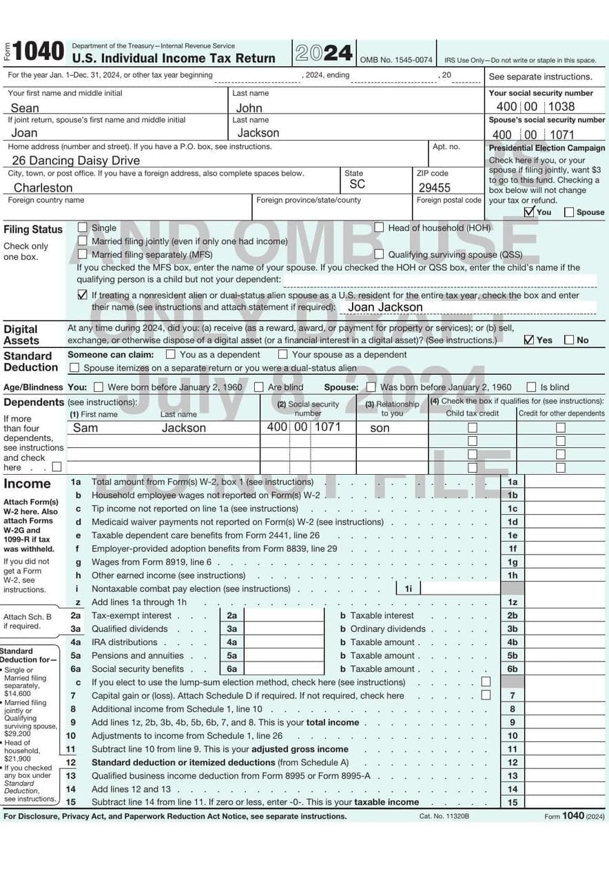 IRS Form 1040 before redaction